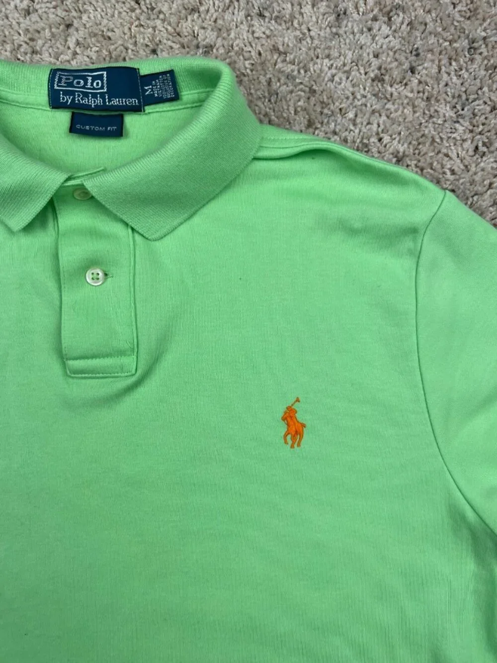 Polo Ralph Lauren Polo Shirt Size Medium Green Custom Fit Cotton Orange Pony